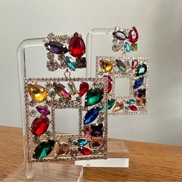 Multi Stone Square Chandelier Earrings - Picture 2 of 3